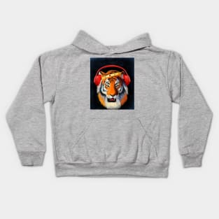 Double Eyed Dj Tiger with Red Headphone Kids Hoodie